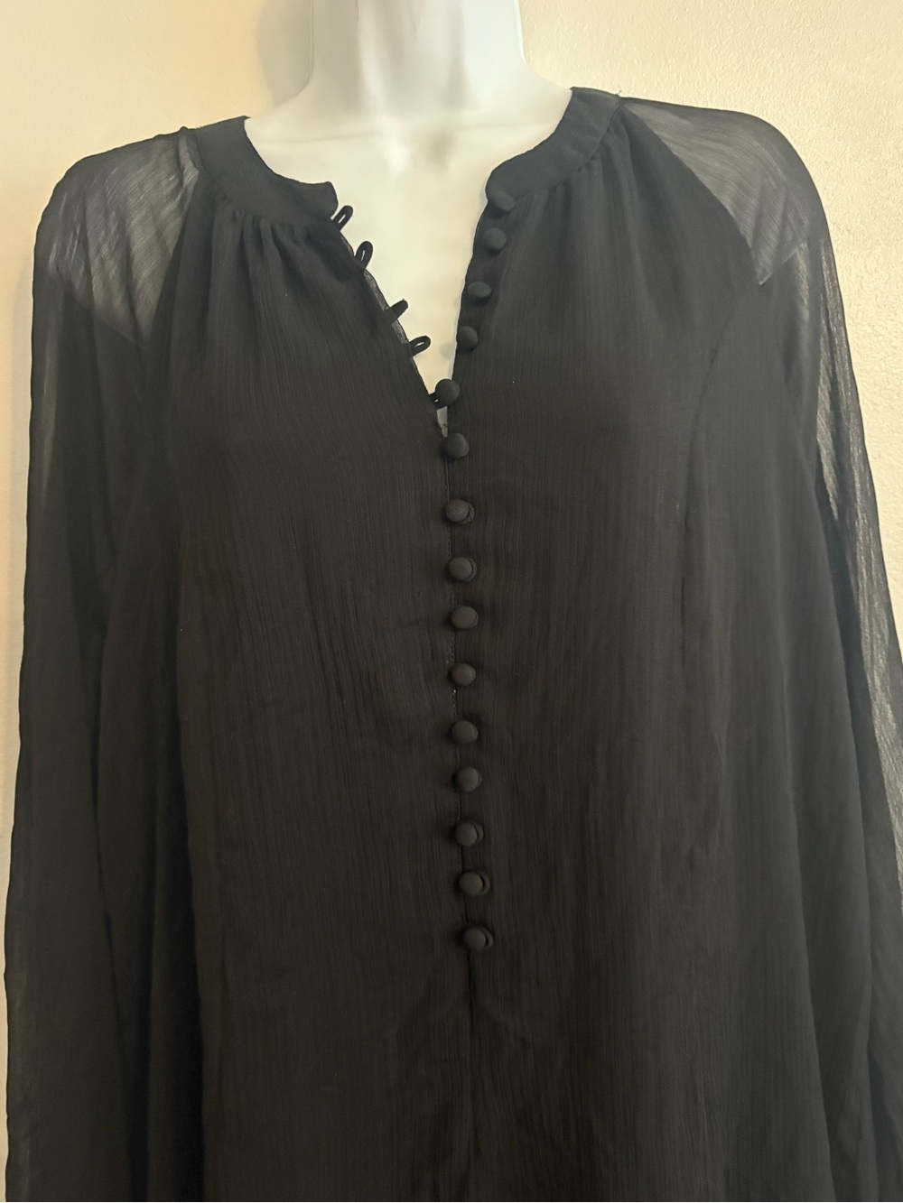 Beach cover up resort bohemian Black Sheer Long Sleeve Button Tunic Dress - Picture 2 of 9